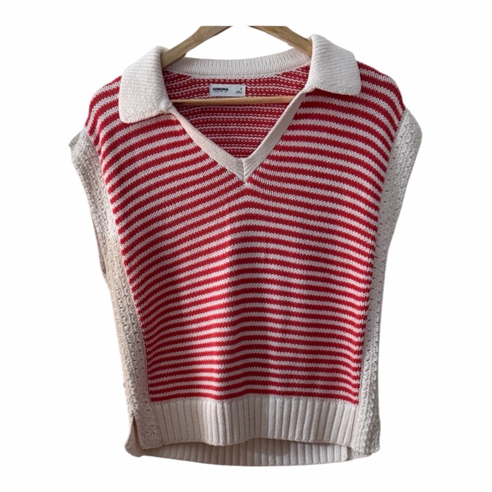 Sonoma Red and Cream Striped V-Neck Sweater Vest